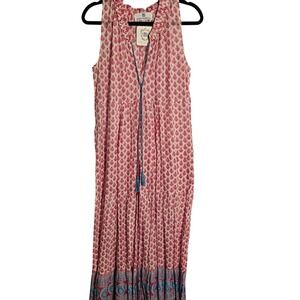 Miss Madigan Pink Leaf Print Maxi Dress Ruffle Neck Tassel Tie Size L P2P 19"
